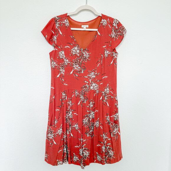 Garnet Hill Womens Dress Sz 6 Rust Floral V-Neck Cap Sleeve Tiered‎ Boho Cottage - Picture 1 of 7